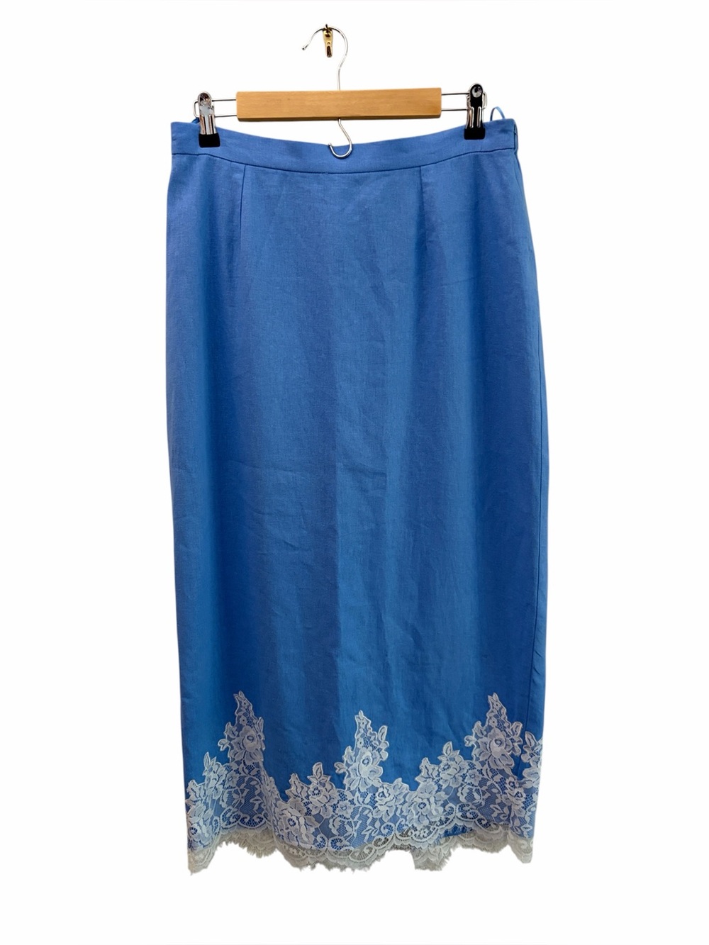 WAYF Wedding Party Coastal Linen Blend Sky Blue Lace-Hem Maxi Skirt Size Large